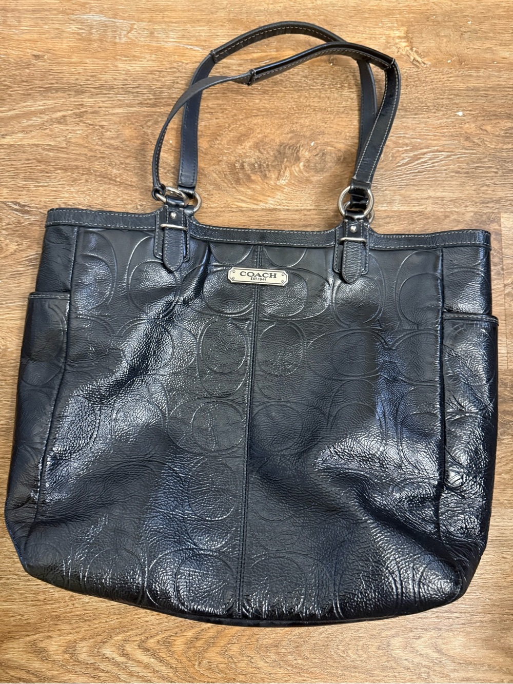 Coach Black Embossed Leather Tote with Logo Plaque